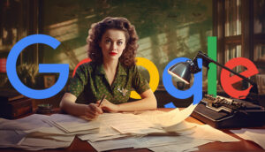1950s Woman Dating Documents At Desk Google Logo