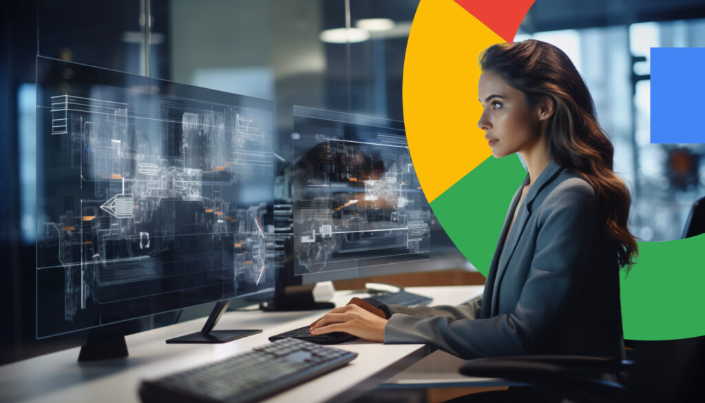 Woman Computer Screen Overlays Google Logo
