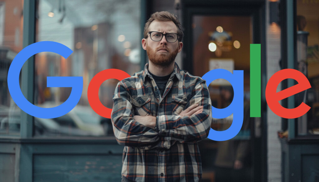 Upset Business Owner Front Of Store Google Logo