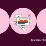 a hubspot-branded featured image with a dark burgundy background and three pink shapes in the foreground, with the words “brand mentions” in the bottom righthand corner and a pictogram of a hand holding a laptop in the center